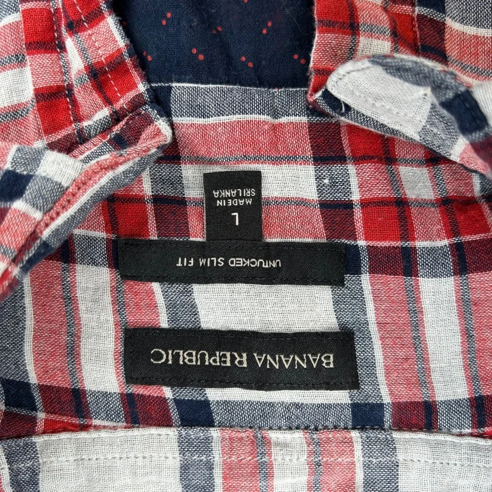 Banana Republic Mens‎ Untucked Slim Fit Plaid Button Down Shirt Red Blue Large